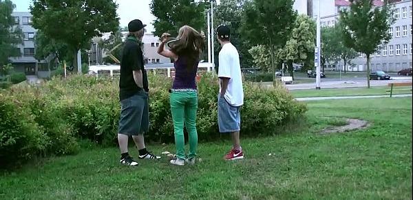  A gorgeous young teen blonde girl is fucked in public by 2 guys on the street with a blowjob sucking dicks and vaginal pussy sex penetration with all the cars and trucks passing by watching the risky orgy